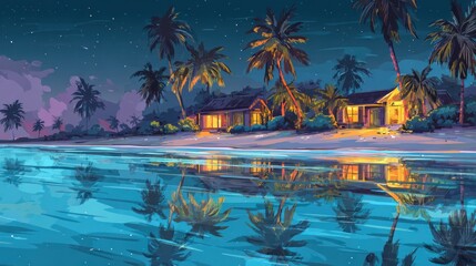Tropical beachfront cottages bathed in the warm glow of nighttime lights, reflected serenely in the calm water beneath a starry sky.