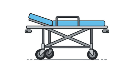 Medical hospital stretcher gurney with a blue mattress and adjustable backrest on wheels.