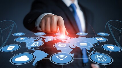 Global business network connecting worldwide with finger touching the interface