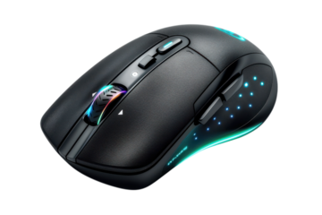 Ergonomic gaming mouse with customizable rgb lighting offers precision and comfort for extended gameplay on transparent background