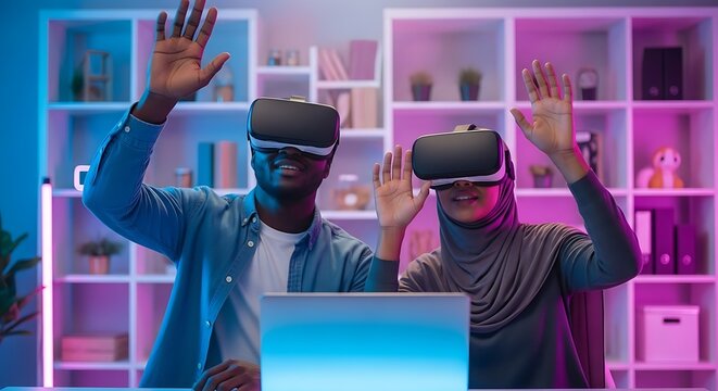 Diverse couple enjoying virtual reality together with futuristic neon lighting and a laptop in a modern home setting - Powered by Adobe