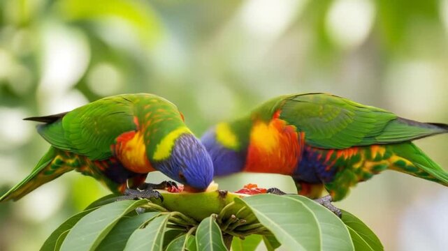Vibrant lorikeets feeding on fruit in lush foliage, a delightful glimpse of nature's beauty and playful behavior, perfect for wildlife and nature lovers
