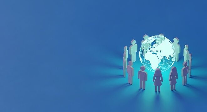 Global unity and connection diverse silhouettes form a circle around a glowing earth illustration