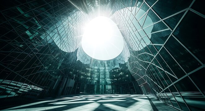 Abstract futuristic tunnel with bright light and geometric patterns