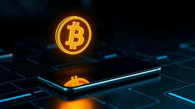 A glowing Bitcoin icon floating above a smartphone screen. Concept of business, money, virtual currency, online exchange, high volatility, and risk