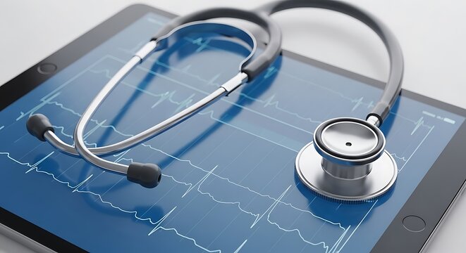 Modern medical technology a stethoscope rests on a tablet displaying a heartbeat graph