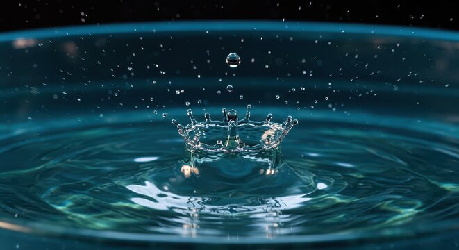 The precise moment a water droplet interacts with the surface, creating an intricate crown-like splash effect, captured with high-speed photography, featuring a cool-toned color palette and a dark...