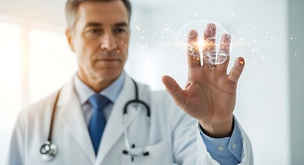 Doctor using advanced technology to interact with a holographic medical display in a modern healthcare setting