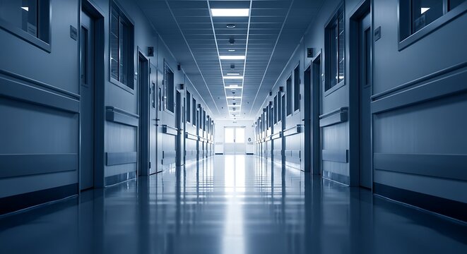 Long sterile blue toned hospital corridor with bright light at the end creating a sense of depth and mystery - Powered by Adobe