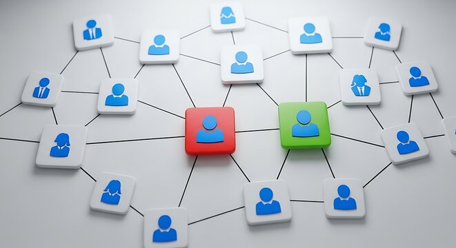 Connected network of people icons with two highlighted individuals representing a central connection point