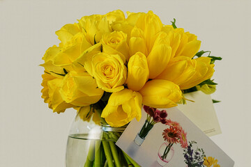 Beautiful bouquet of yellow roses and yellow Peruvian lily in a glass vase on a wooden surface with a card hanging from them that you can personalize to your liking.