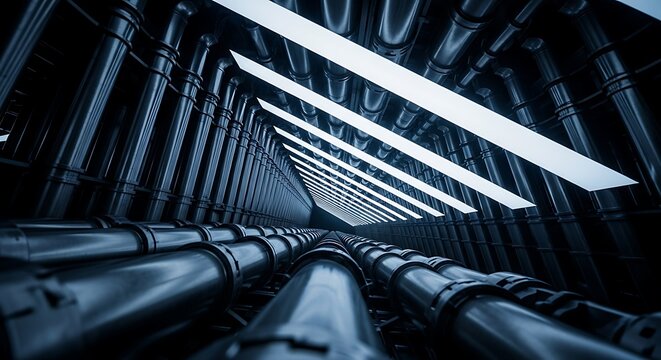 Futuristic industrial corridor with glowing lights and metallic pipes creating a sense of depth and mystery