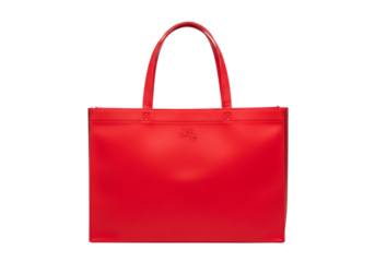 A vibrant red leather tote bag with double handles, isolated on a transparent background, showcasing its elegant design and spacious interior for everyday use or travel