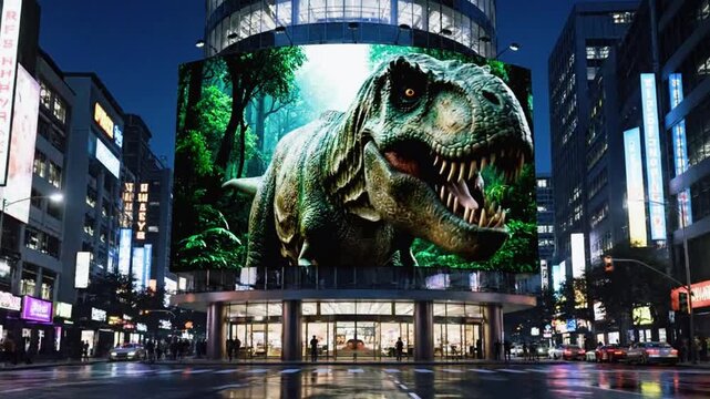 Dinosaur 3d cgi ad  guarding an ancient building in a city at night