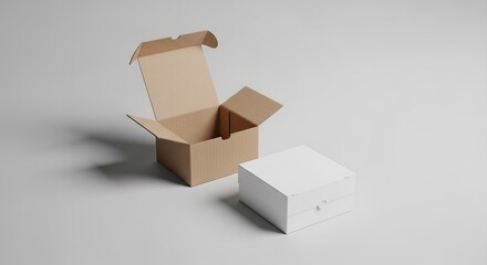 Fototapeta premium Open Cardboard Box and Closed White Box on Soft Gray Background