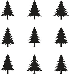 Fototapeta premium Collection of nine black silhouette christmas trees on a white background