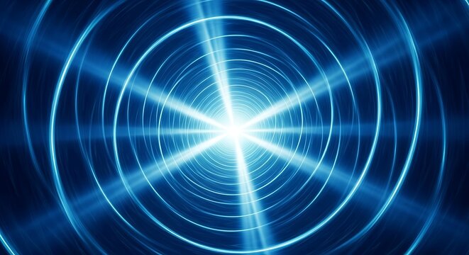 Abstract blue glowing tunnel with radiating light beams and concentric oval shapes creating a sense of depth and movement - Powered by Adobe