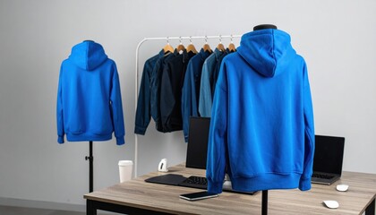 Blue Hoodie Mockup on Desk Apparel Design with Back View.