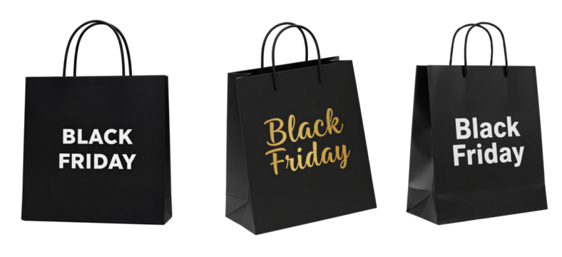 Black Friday shopping bag set PNG for sale designs. Paper bag with Black Friday text PNG for marketing and retail promotions. Simple black paper shopping back with Black Friday text PNG