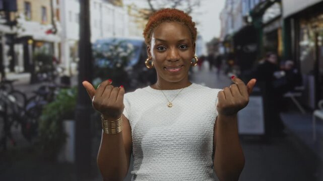 Woman in white top with bare arms and gold earrings makes beckoning gesture on city street; confidence.