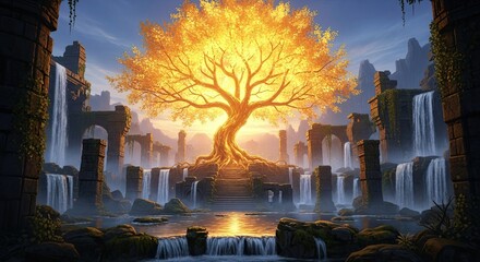 Golden Tree Of Life Amidst Ancient Ruins And Waterfalls
