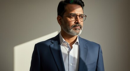 Portrait of a man wearing glasses and a suit, gazing off-camera with a thoughtful expression, illuminated by natural light from a window, a study in business attire and quiet contemplation.