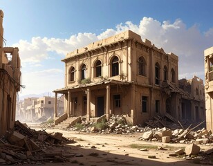 Ruined house amid debris – war aftermath and symbol of resilience