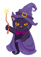 Cute Black Cat Witch Holding Magic Wand, Hand drawn Halloween Illustration isolated on transparent background