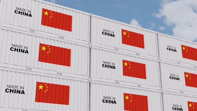 Cargo containers with China flags and (Made in China) label represent export growth, logistics, and global supply. Perfect for videos about world trade and economic production. Part of collection.