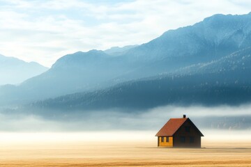 Fototapeta premium Vintage house nestled in a misty field at dawn