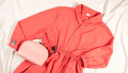 Red Dress  Accessories on White Fabric  Fashion Flat Lay.