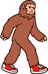 Comic style cartoon bigfoot walking wearing sneakers. Mythical creature vector clip art illustration.