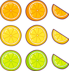 Stylized cartoon citrus fruit set. Orange, lemon and lime cross section, half, wedge. Cute vector clipart illustration.