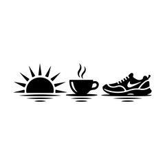 set of coffee cups, shoes ans sun silhouette on transparent background
