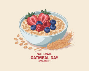 National Oatmeal Day vector. Bowl of oatmeal with berries icon vector. Healthy cereal breakfast with fruits icon vector. Oat flakes breakfast design element. October 29.