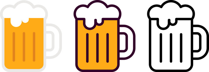Beer mug symbol set, traditional pub glass. Black and white line icon, color and flat cartoon drawing. Simple vector clip art illustration.