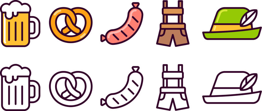 Oktoberfest beer festival icons. 2 styles, colored cartoon line icons and black outline. Beer, food, national German costume. Vector illustration set.