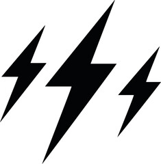 Lightning bolt vector, bold black silhouette, three stylized thunderbolt icons on white &mdash; stock vector