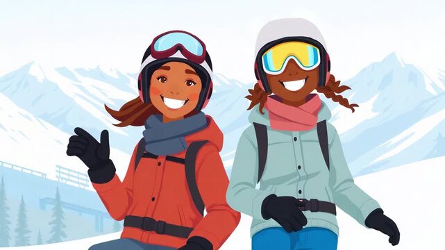 Two happy girls wearing ski masks and helmets at a ski resort. The friends are having fun and enjoying sports in the mountains, cartoon, illustration style