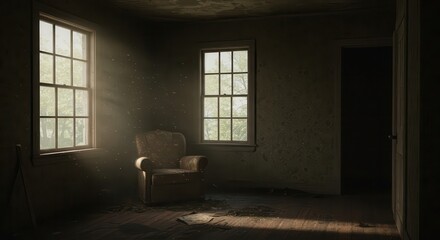 Inside a dim, weathered room, sunlight streams through two large windows, illuminating dust motes and a worn armchair.