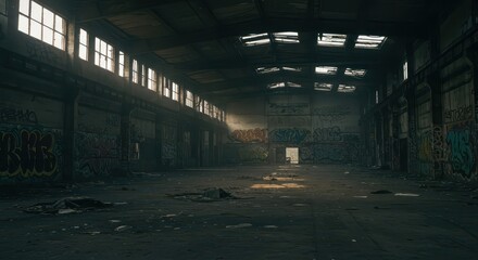 Dilapidated interior of a large, abandoned industrial structure, bathed in dim, natural light filtering through grimy windows and roof apertures, revealing decaying walls adorned with colorful...