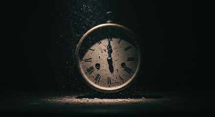 Aged, antique pocket watch, its face partially obscured, revealing Roman numerals, set in deep shadow with dramatic lighting, creating a sense of time passing, mystery and history.