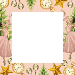 Christmas Square Frame –  Holiday Transparent Border with Ballerina, Xmas Tree and tree decor for Photos, Invitations, Cards, and Decorations