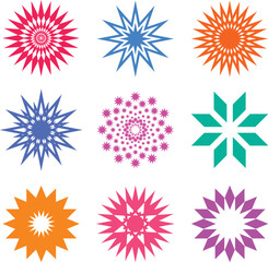 Collection of nine colorful abstract geometric starburst and snowflake designs with radial symmetry vector