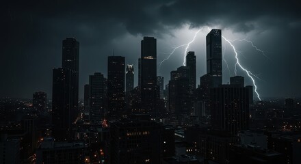Fototapeta premium Dark, moody cityscape showcasing a dramatic lightning strike illuminating the silhouettes of towering skyscrapers under a stormy sky at twilight.