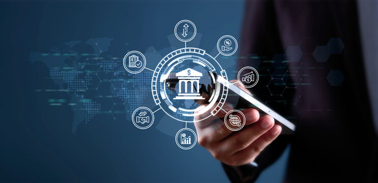 Digital banking technology on smartphone financial innovation with online transactions data security, fintech solutions and global economic connectivity for modern business systems.