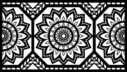 Black and white geometric floral pattern with intricate details and symmetrical design elements throughout the image silhouette