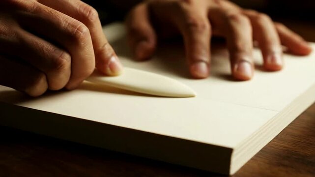 A bookbinder's hands use a traditional bone folder tool to create a crisp clean crease in a stack of paper for a new book.