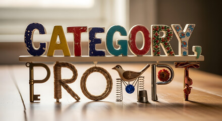 Whimsical composition of colorful letters and found objects spelling out a creative message