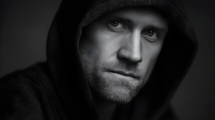 Man wearing dark hoodie looking serious and intense